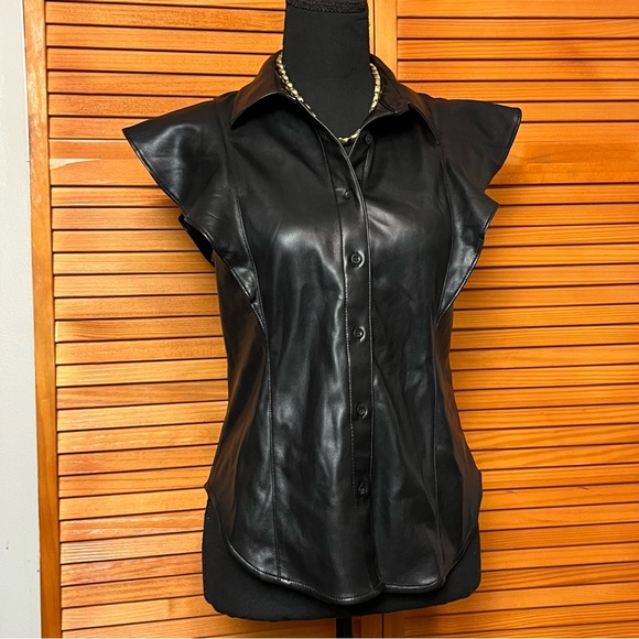 GAP Black Women's Button Down Vegan Leather Top - Picture 2 of 6